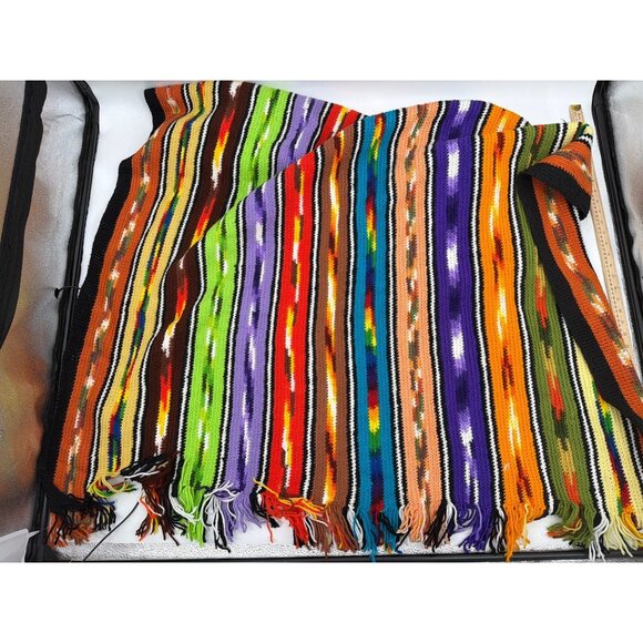 Handmade Multicolor Knitted Afghan/Throw 52x81 Inches With Fringe - Picture 4 of 5
